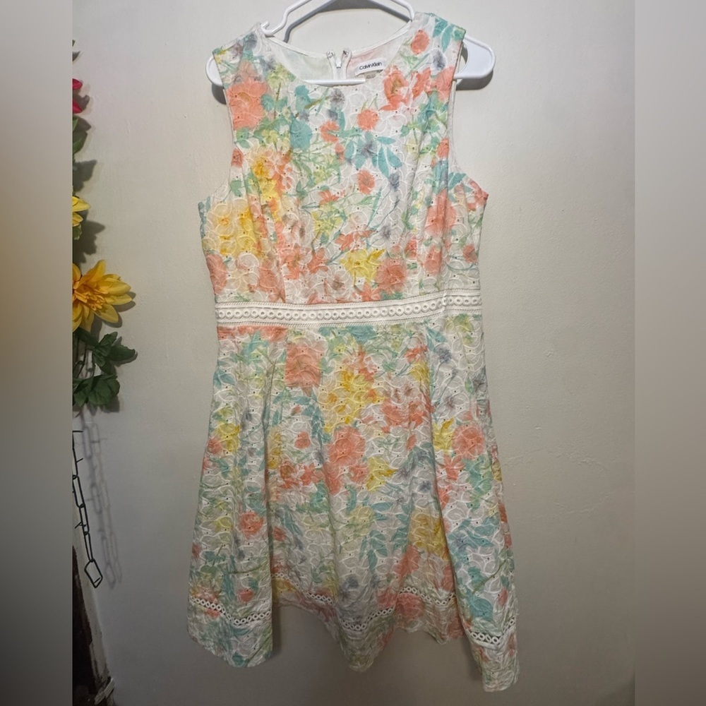 Calvin Klein Multicolor Floral Eyelet Sleeveless Fit and Flare Dress Size 14